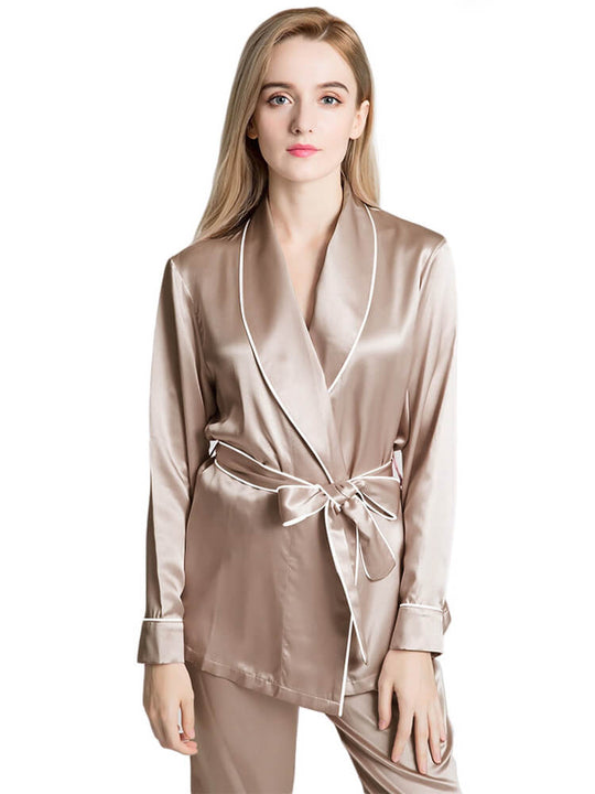 Beige Long Belted Silk Pj Set